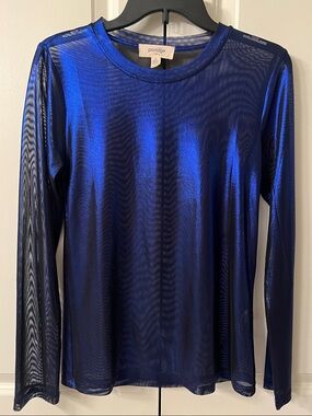 Porridge (sold by Anthropologie): Metallic Sheer Long-Sleeve Top in Royal Blue